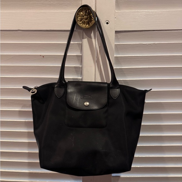 Longchamp Le Pliage Neo Small Black Nylon Tote Leather Flap Shoulder Bag